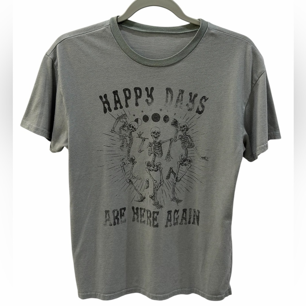 Happy Days Are Here Again Vintage Skeleton Graphic Tee Unisex Small Gray